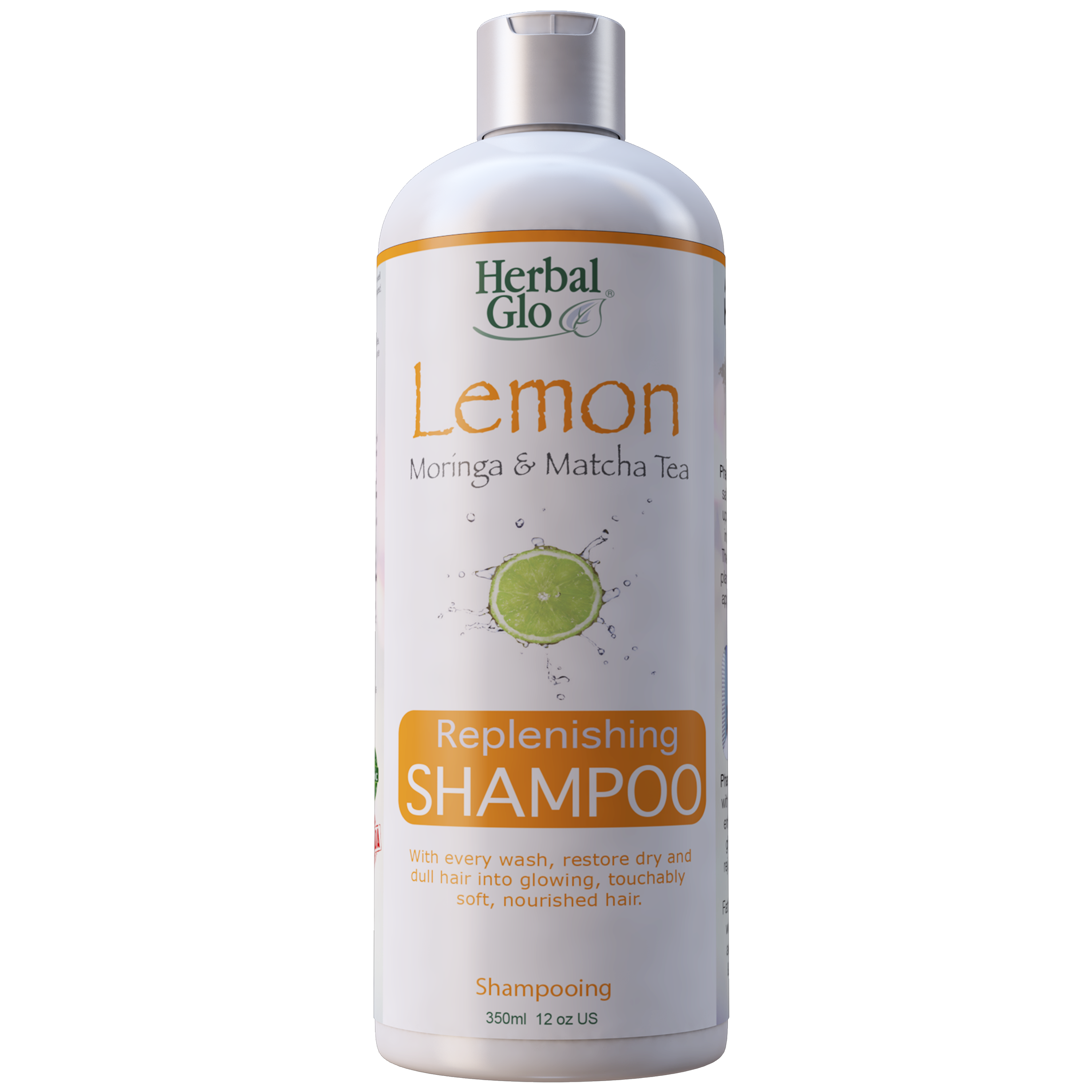 bottle of lemon moringa matcha tea replenishing shampoo